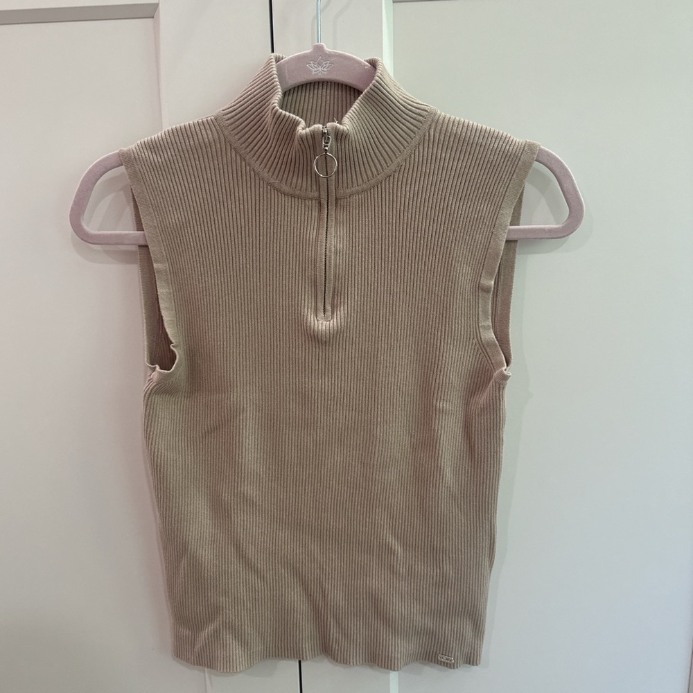 Calvin Klein Taupe Ribbed Zip-Up Top